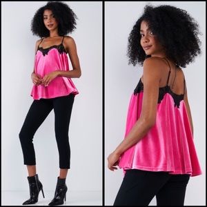Hot pink velvet cami with black lace trim XS S